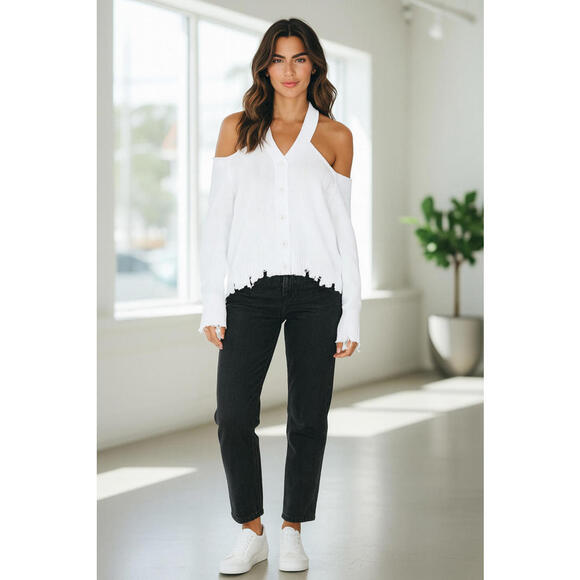 525 Cardigan Bleach White Shoulder Cut Out Hem & Cuffs M NWT - Picture 1 of 2